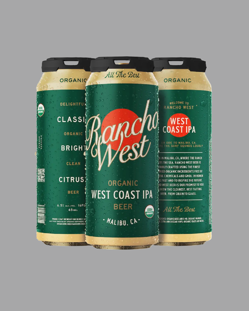 Three cans of Rancha West Organic West Coast IPA Beer arranged together on a solid gray background.