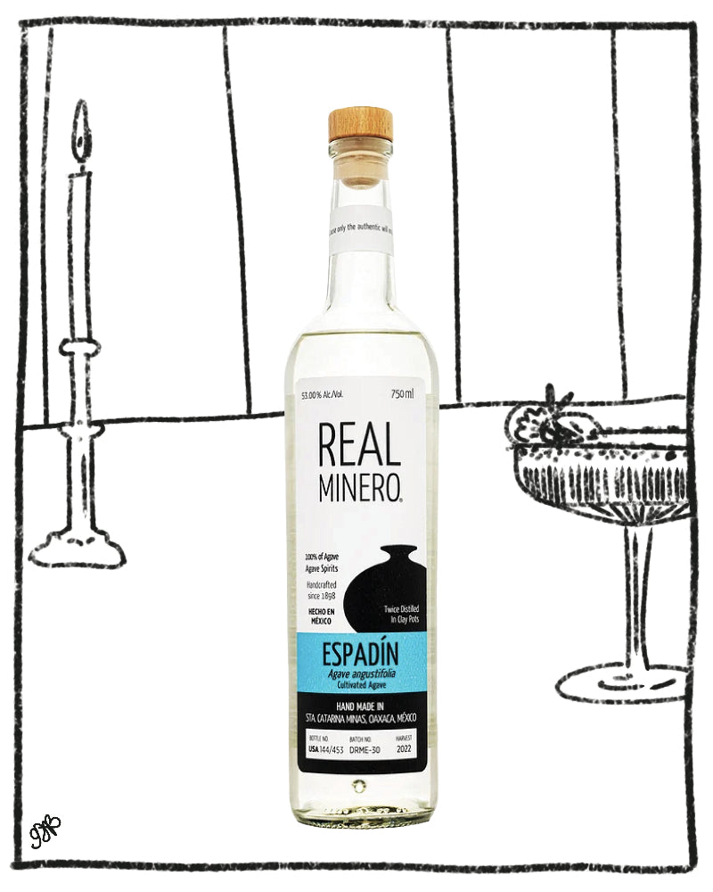 A bottle of Real Minero Espadín tequila centered on a white background with a hand-drawn black sketch of a candlestick, table setting, and margarita glass behind it.