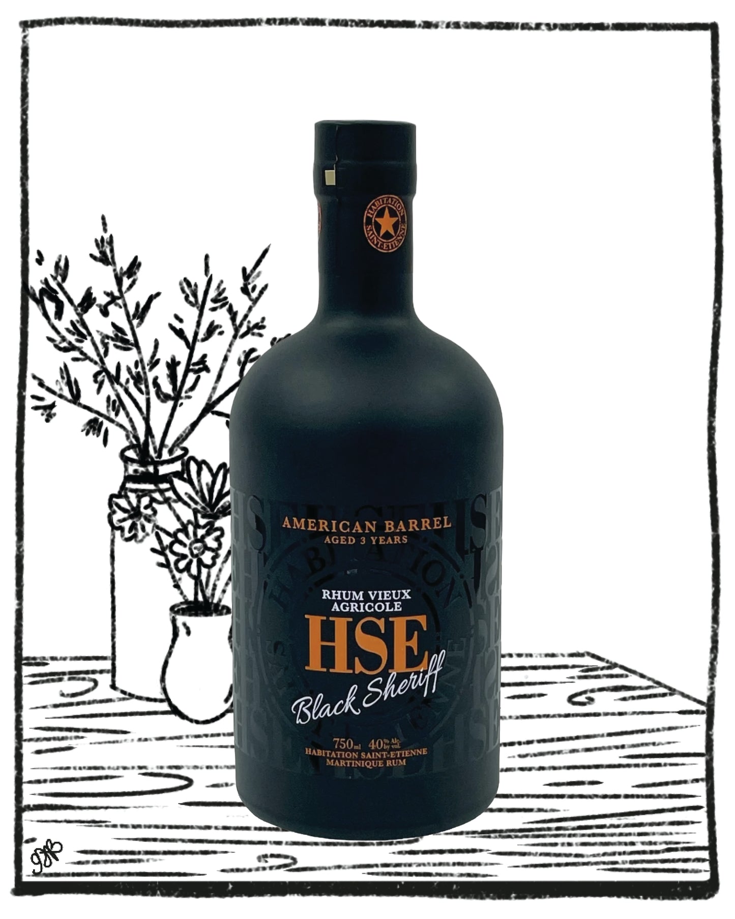 Bottle of HSF Black Sheriff rum on a wooden surface with a minimalistic background