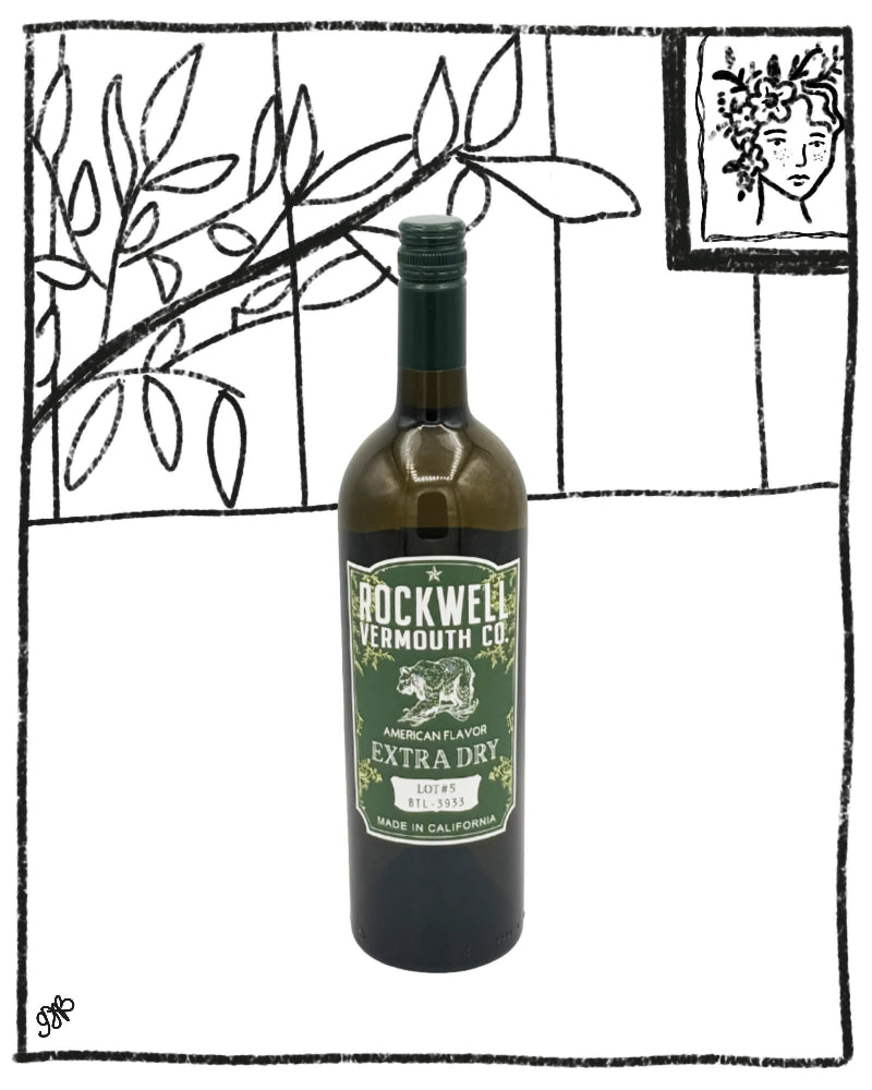 Bottle of Rockwell Vermouth Co. Extra Dry vermouth with a decorative black and white border.