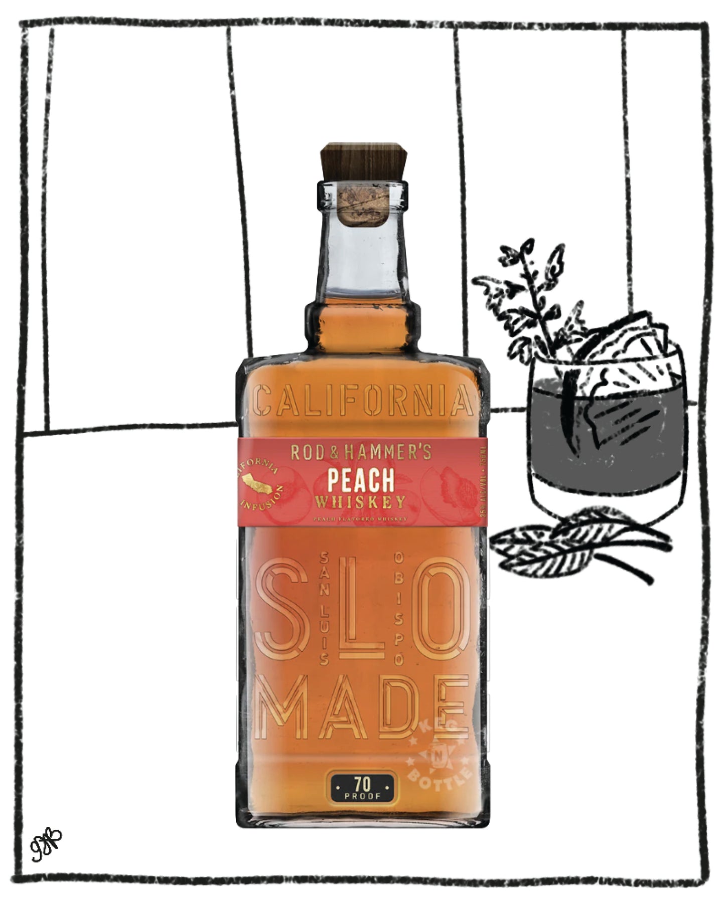 Bottle of Rob Hammer's Peach Whiskey with a red label on a white background
