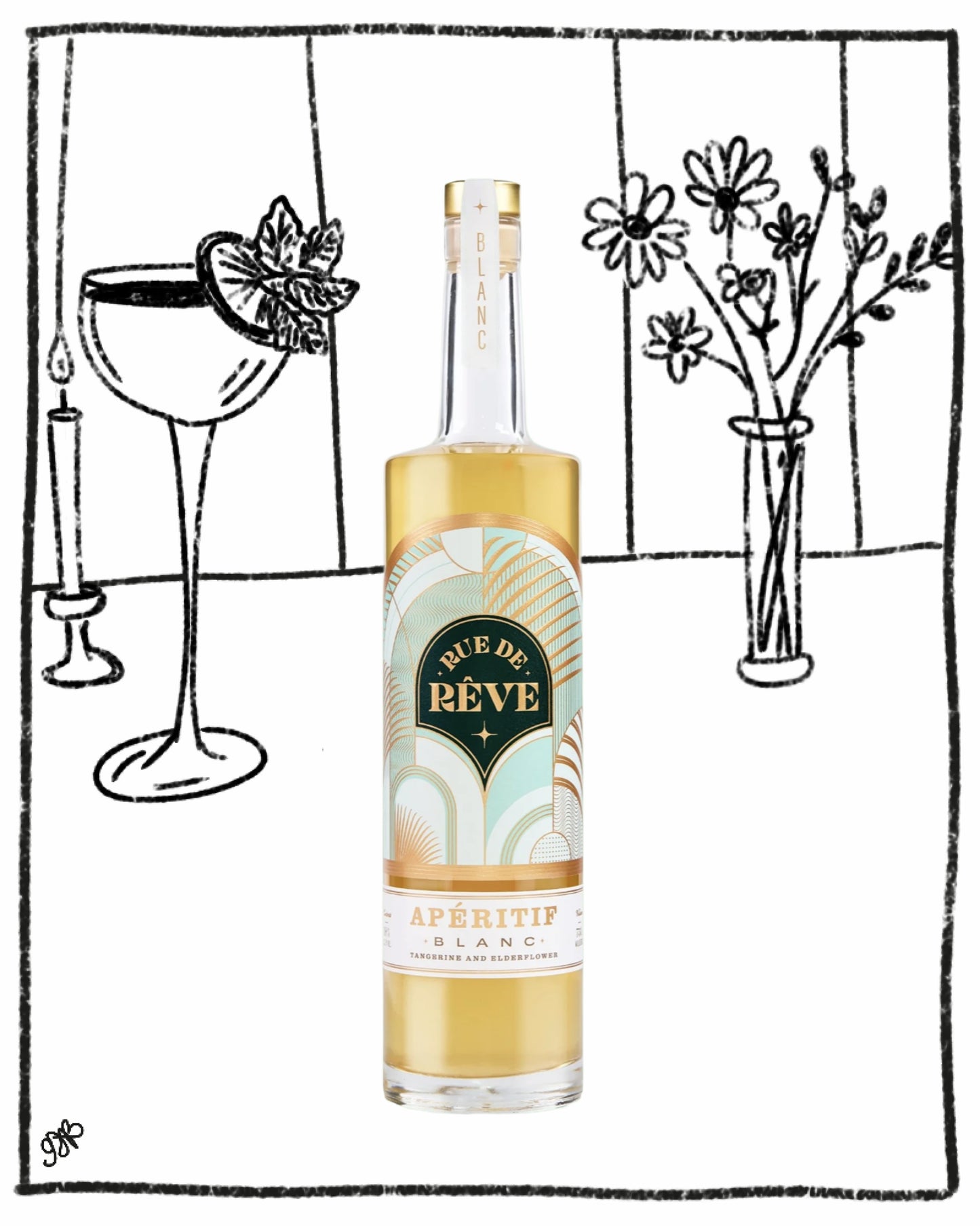 Bottle of 'Rève' aperitif with a cocktail glass and flowers in the background