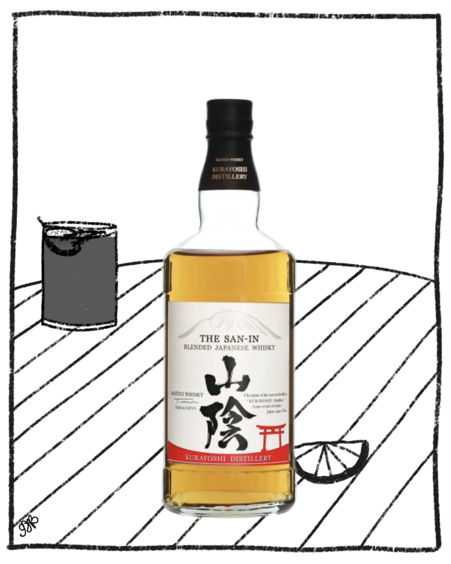 Bottle of The San-In blended Japanese whisky with a glass on a white background