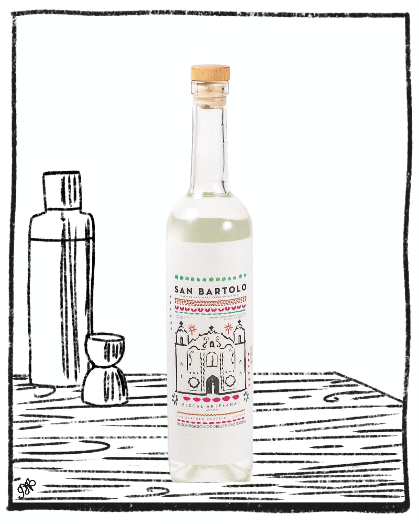 Bottle of San Bartolo with a decorative label on a black and white illustrated background