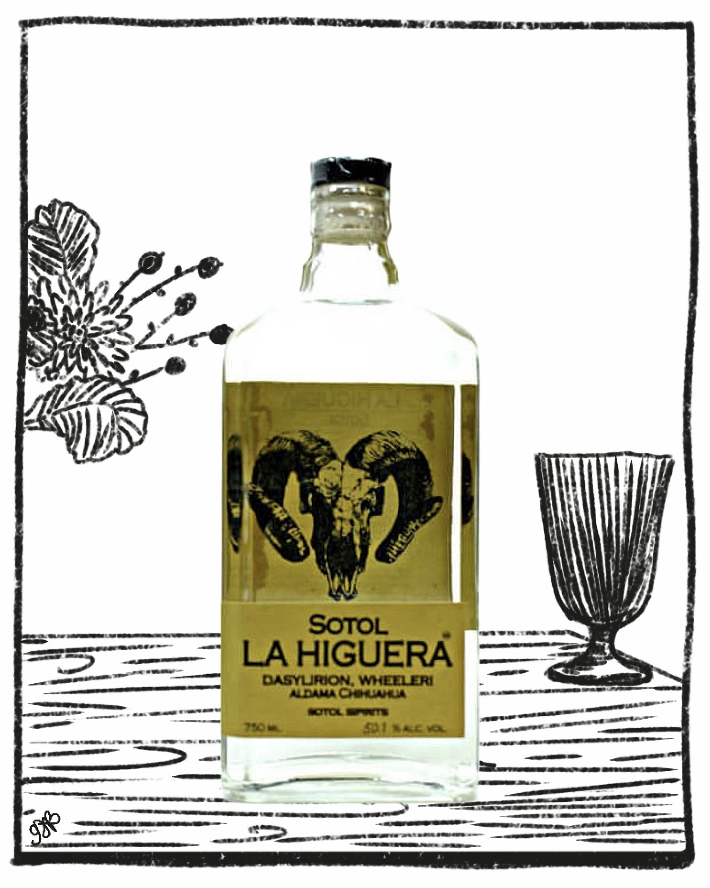 Sotol La Higuera bottle with a black and white illustration of a ram's head on a decorative background.