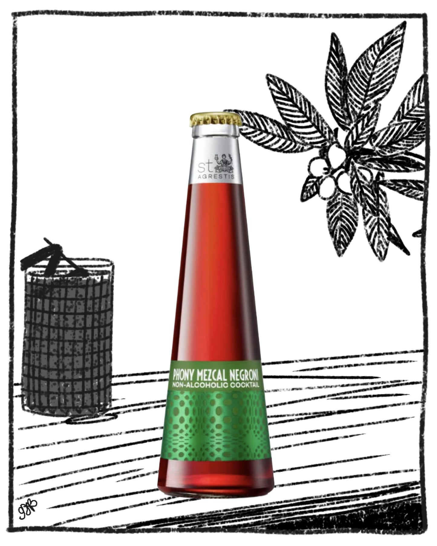 Bottle of non-alcoholic cocktail with a green label on a white background