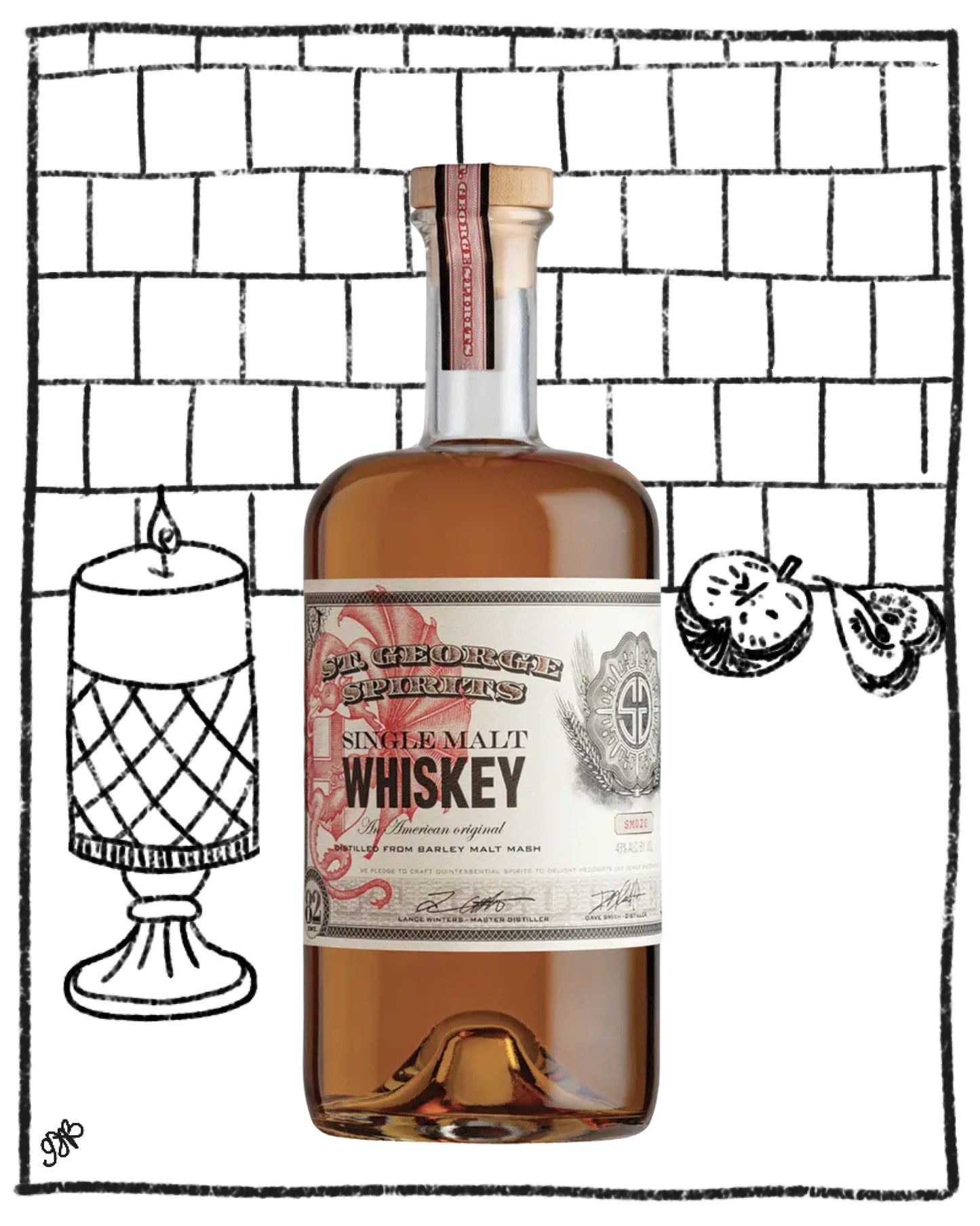 Bottle of whiskey with a decorative label against a black and white tiled background