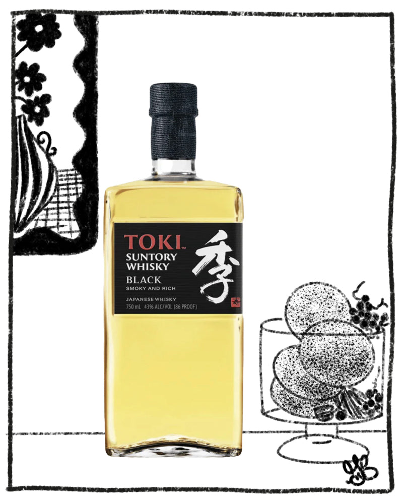 TOKI Suntory Whisky Black bottle with decorative elements on a black and white background