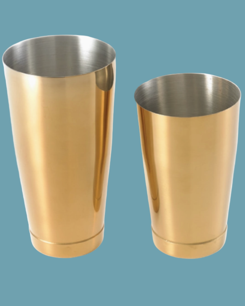 Two metallic gold cups on a blue background