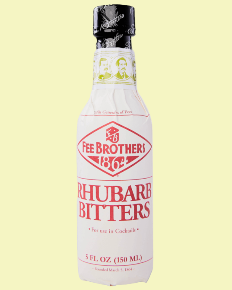 Bottle of Fee Brothers Rhubarb Bitters on a light yellow background