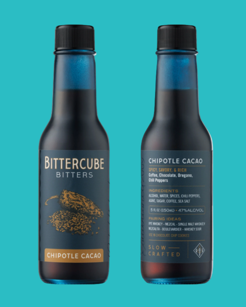 Two bottles of Bittercube Chipotle Cacao bitters on a teal background