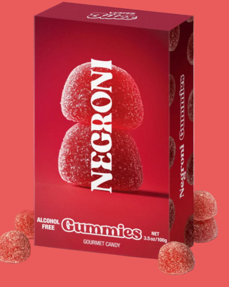 Box of Negroni gummies with red background