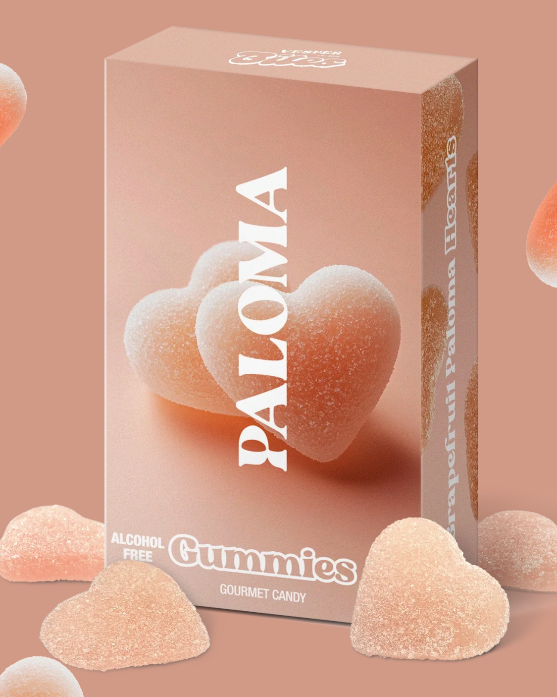 Box of Paloma Gummies with heart-shaped gummies on a beige background