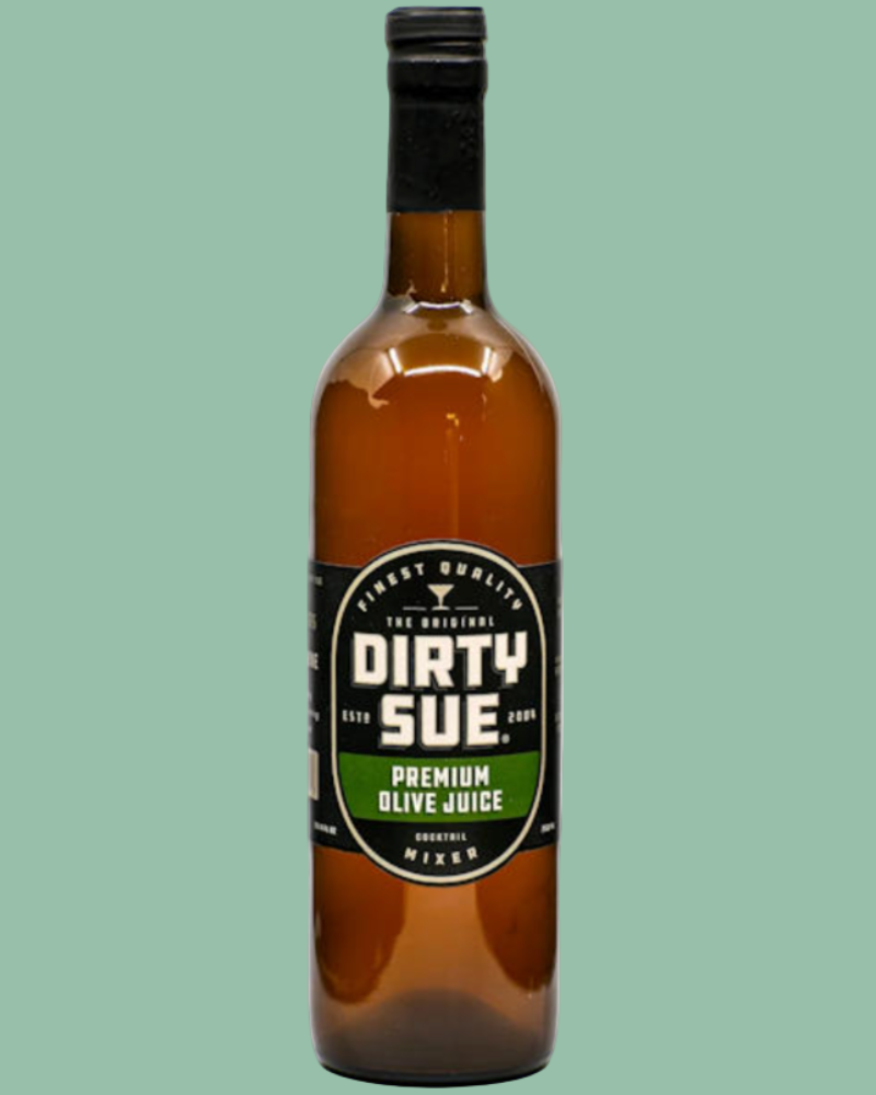 Bottle of Dirty Sue premium olive juice on a green background