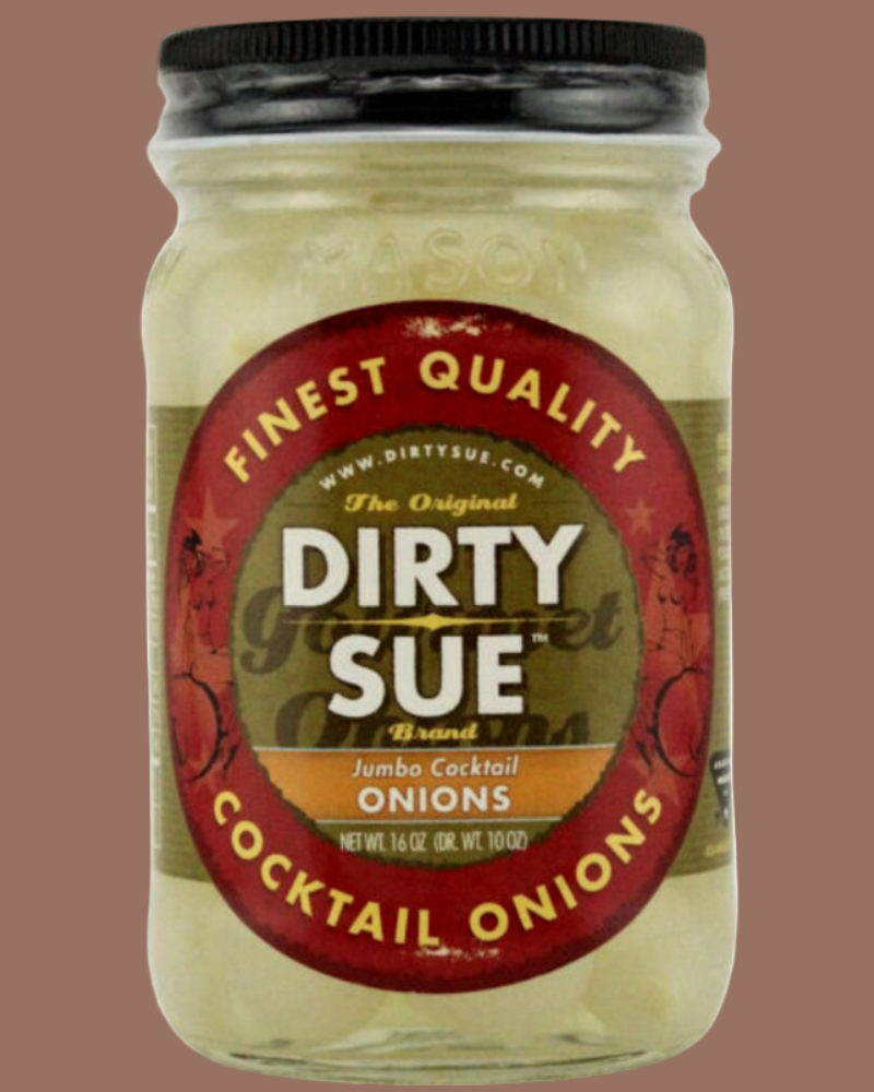 Jar of Dirty Sue cocktail onions on a brown background