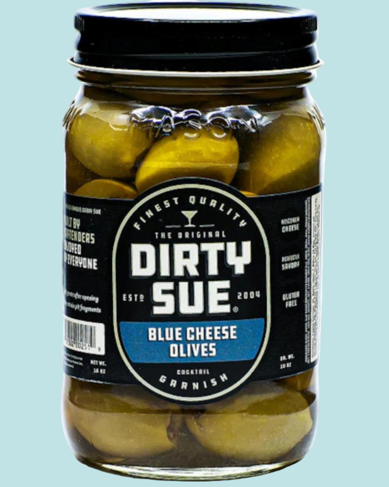 Jar of Dirty Sue blue cheese olives on a light blue background