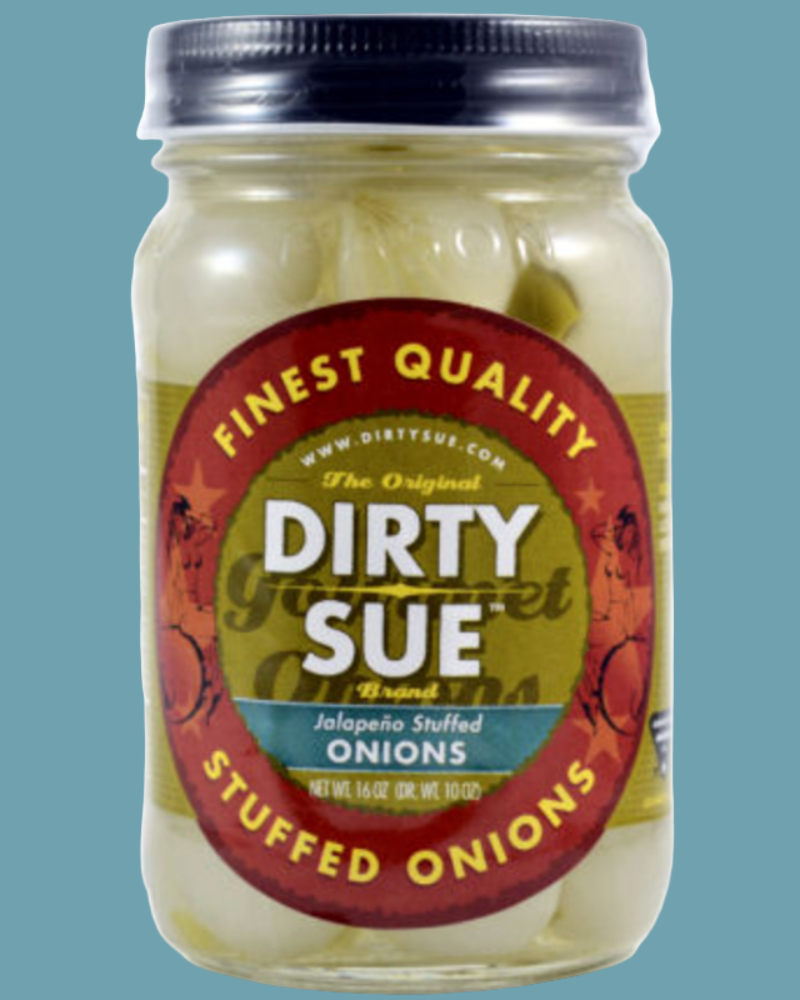 Jar of 'Dirty Sue' stuffed onions on a teal background