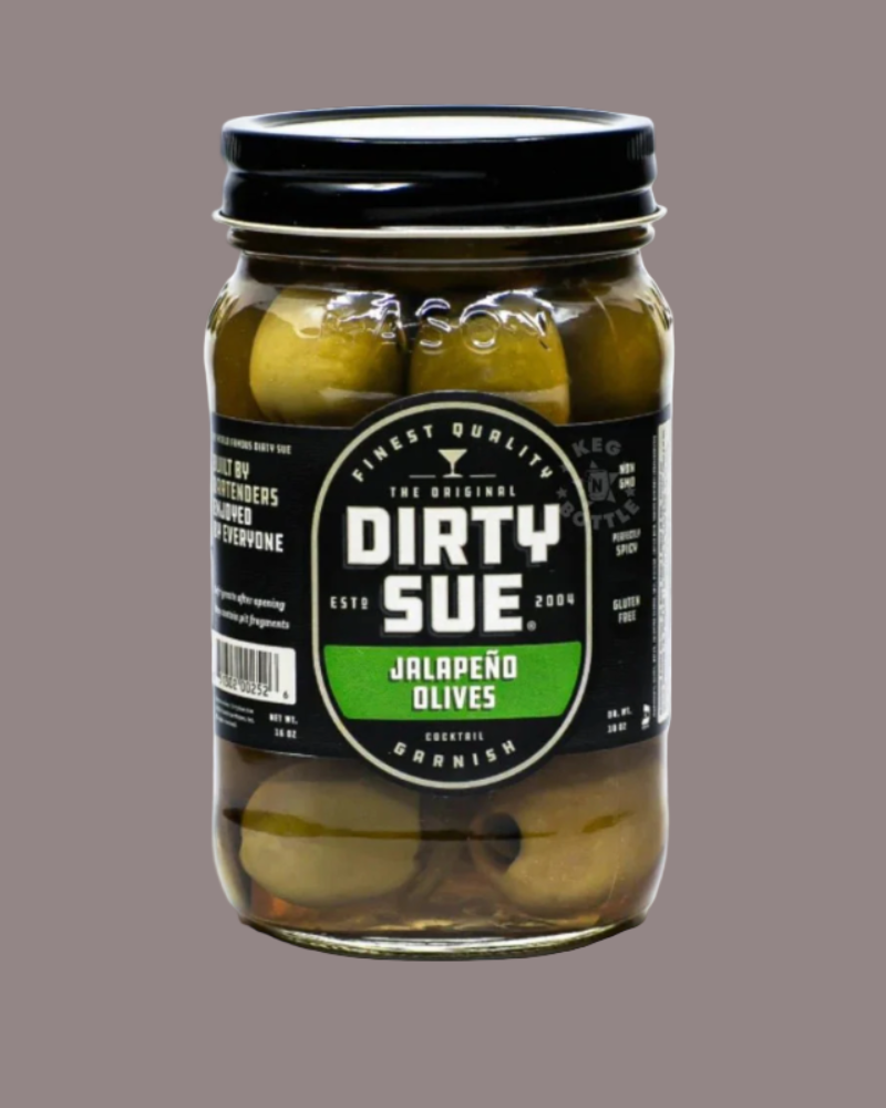 Jar of Dirty Sue jalapeño olives on a gray background