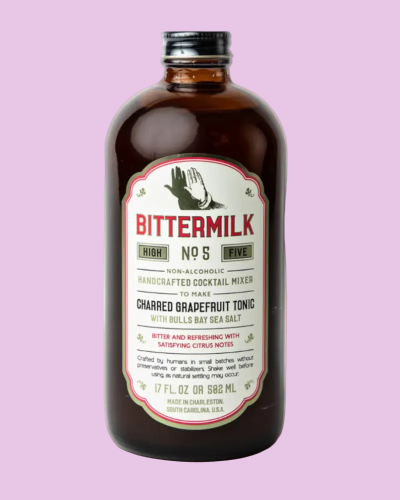 Bittermilk High No. 5 bottle on a red background