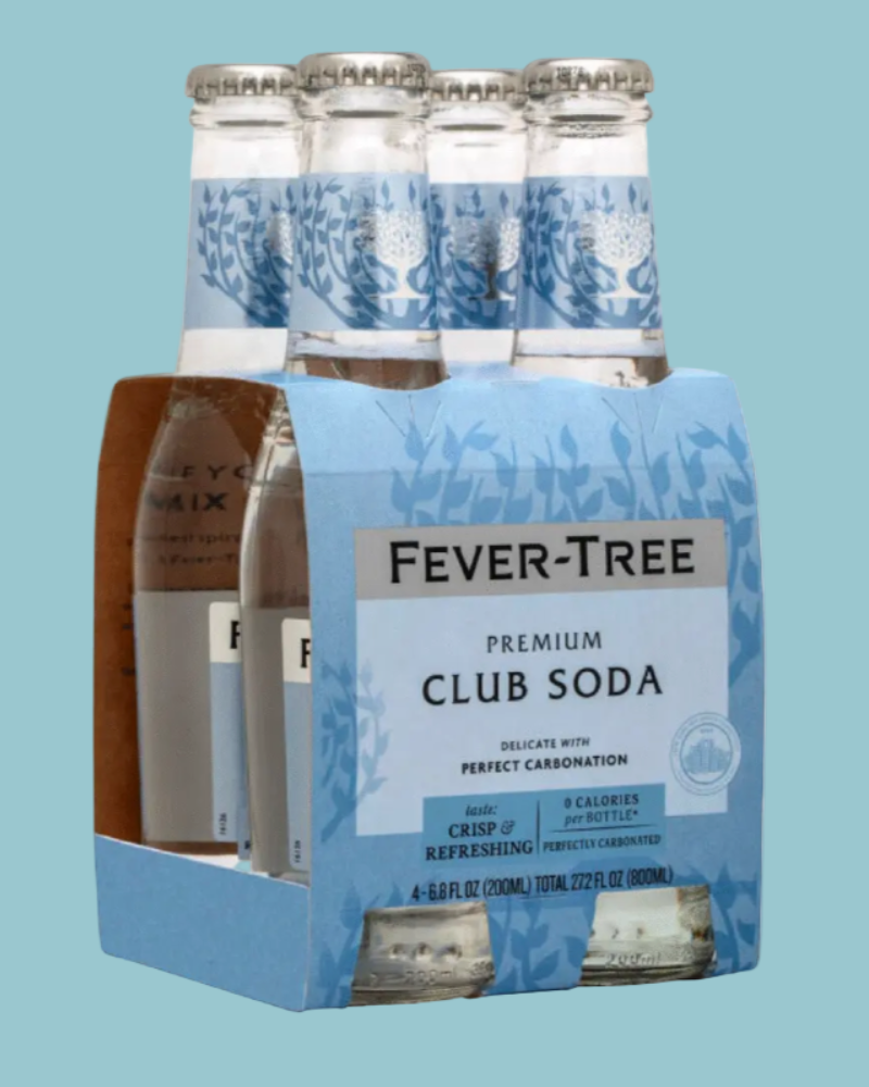 Pack of Fever-Tree Club Soda bottles on a blue background