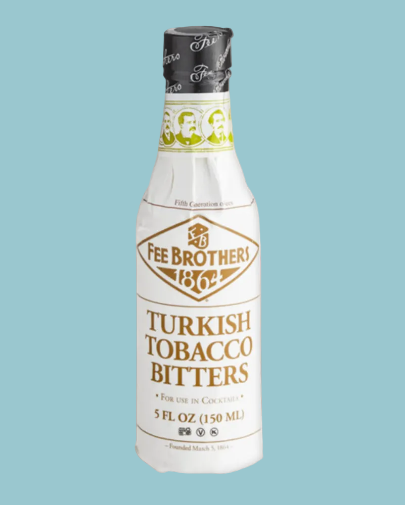 Bottle of Fee Brothers Turkish Tobacco Bitters on a brown background