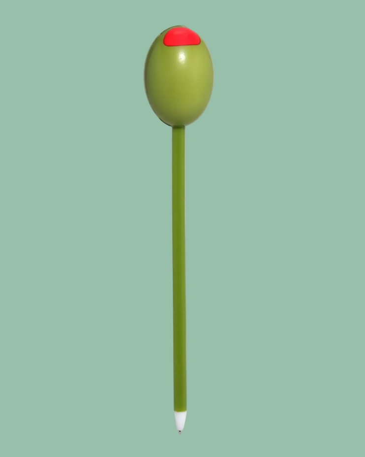 Green maraca with a red top on a light green background