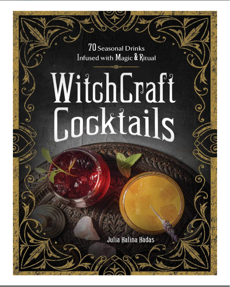 Book cover of 'WitchCraft Cocktails' with decorative elements and cocktail imagery.