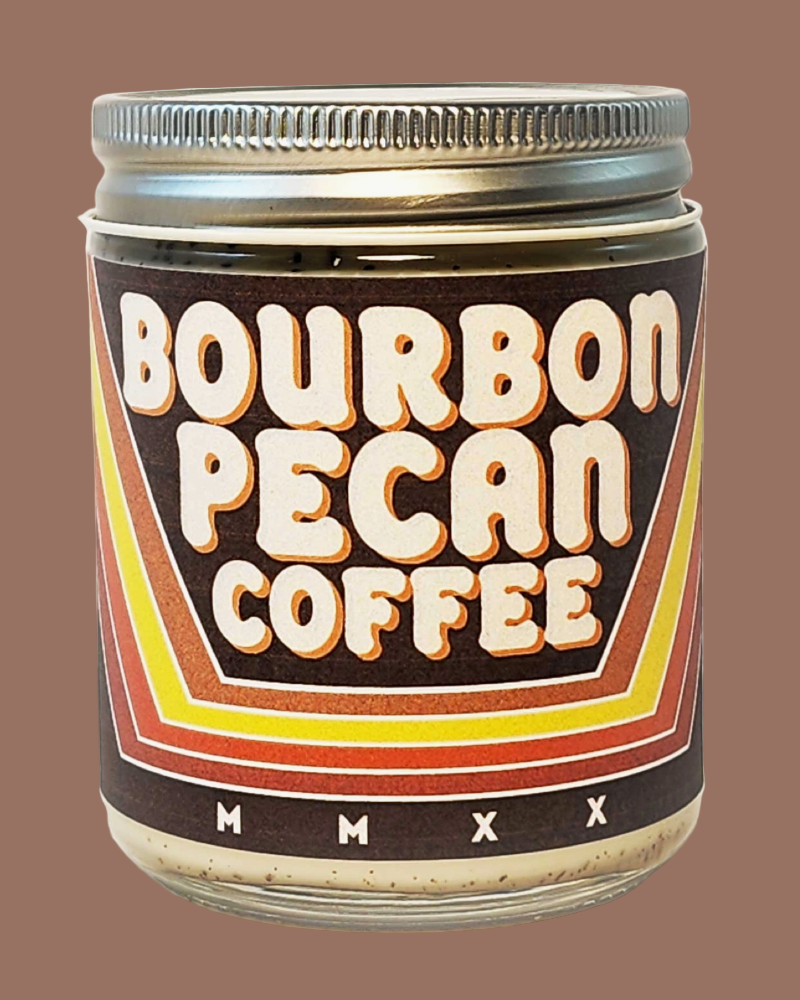 Jar of Bourbon Pecan Coffee with a decorative label on a brown background