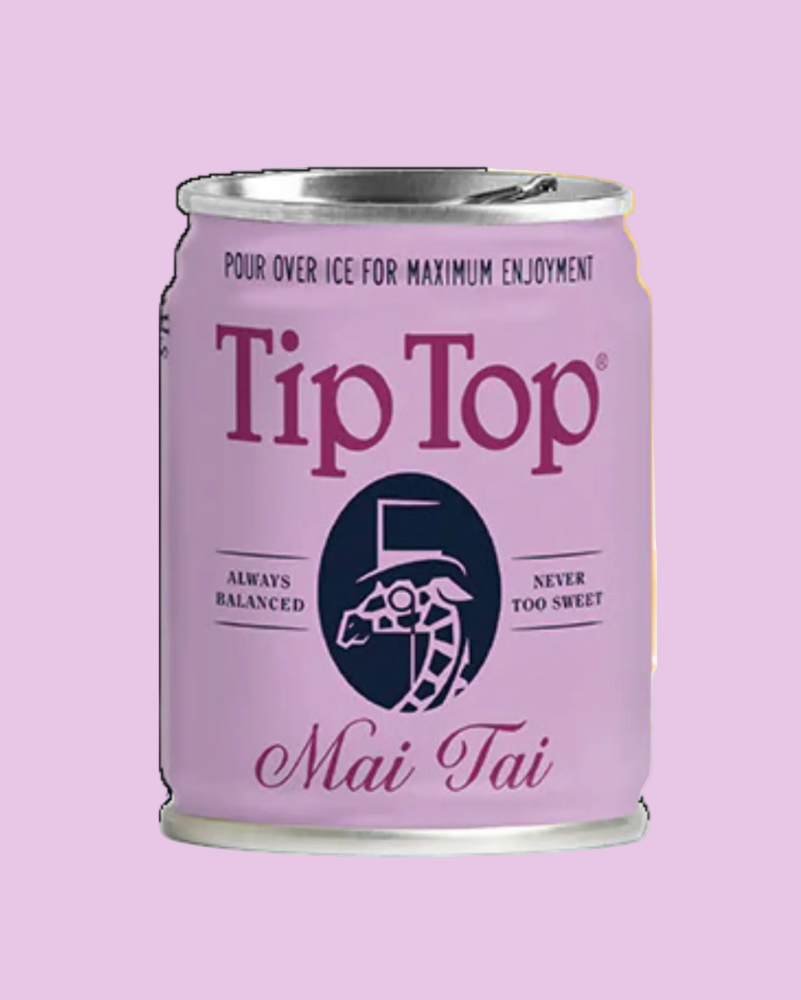 Pink can of Tip Top Mai Tai on a light purple background
