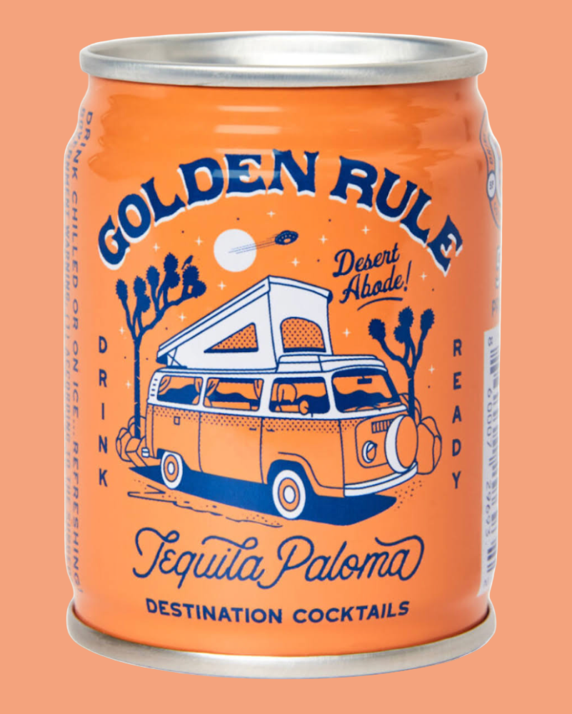Can of Golden Rule Tequila Paloma cocktail on an orange background