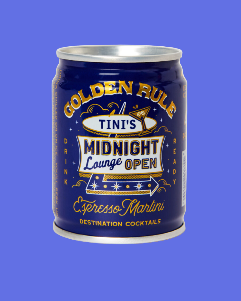 Cocktail can with 'Tini's Midnight Lounge Open' label on a blue background