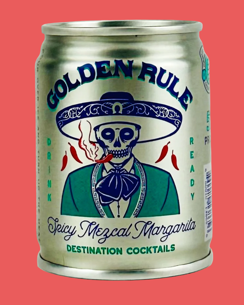 Cocktail can with skeleton design and 'Golden Rule' branding on a red background