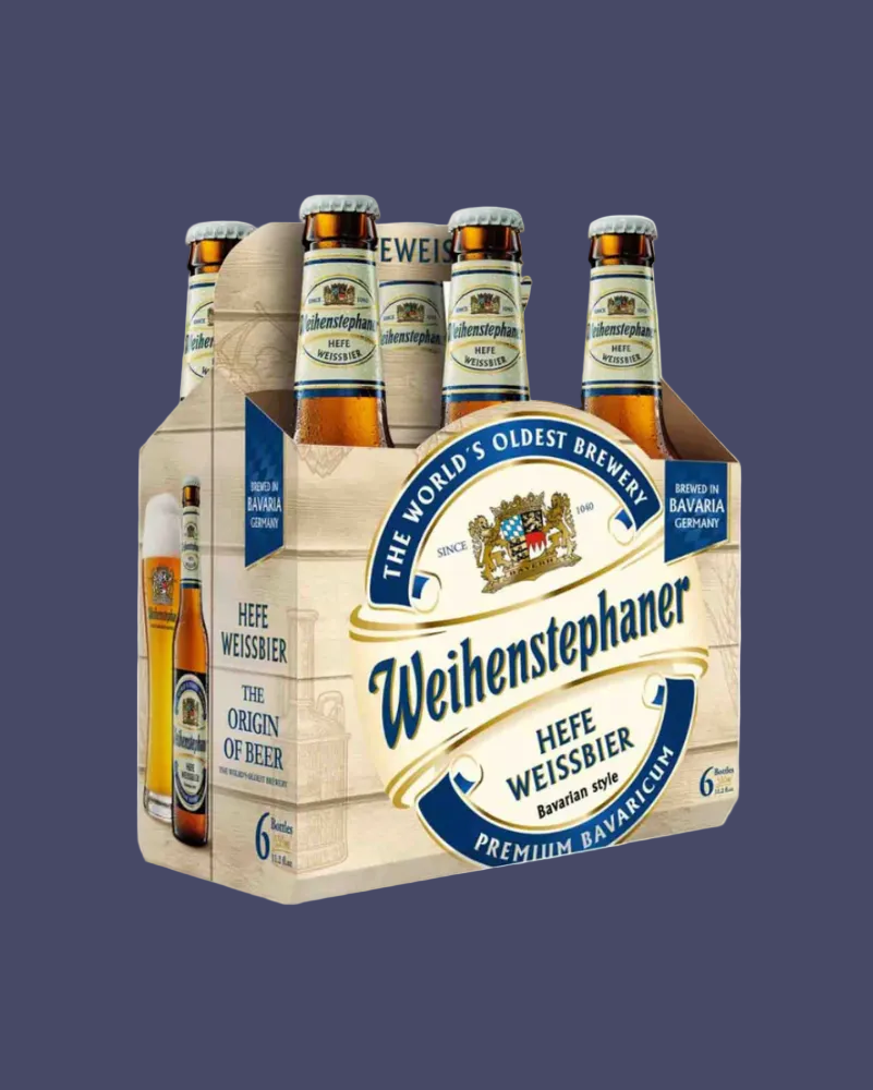 Six-pack of Weihenstephaner Hefe Weissbier beer on a white background