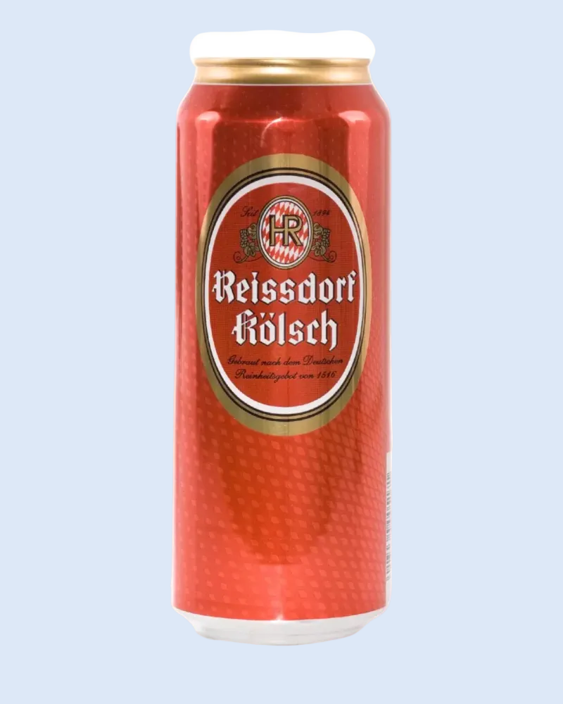 Red beer can with 'Reissdorf Kolsch' label on a white background