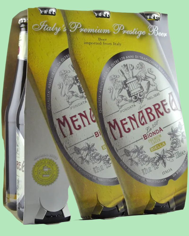 Menabrea beer packaging with yellow and white design on a green background
