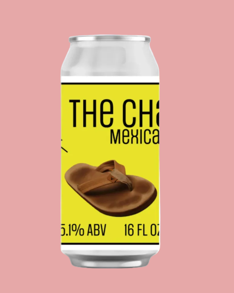 Beer can with yellow label featuring a sandal graphic on a pink background