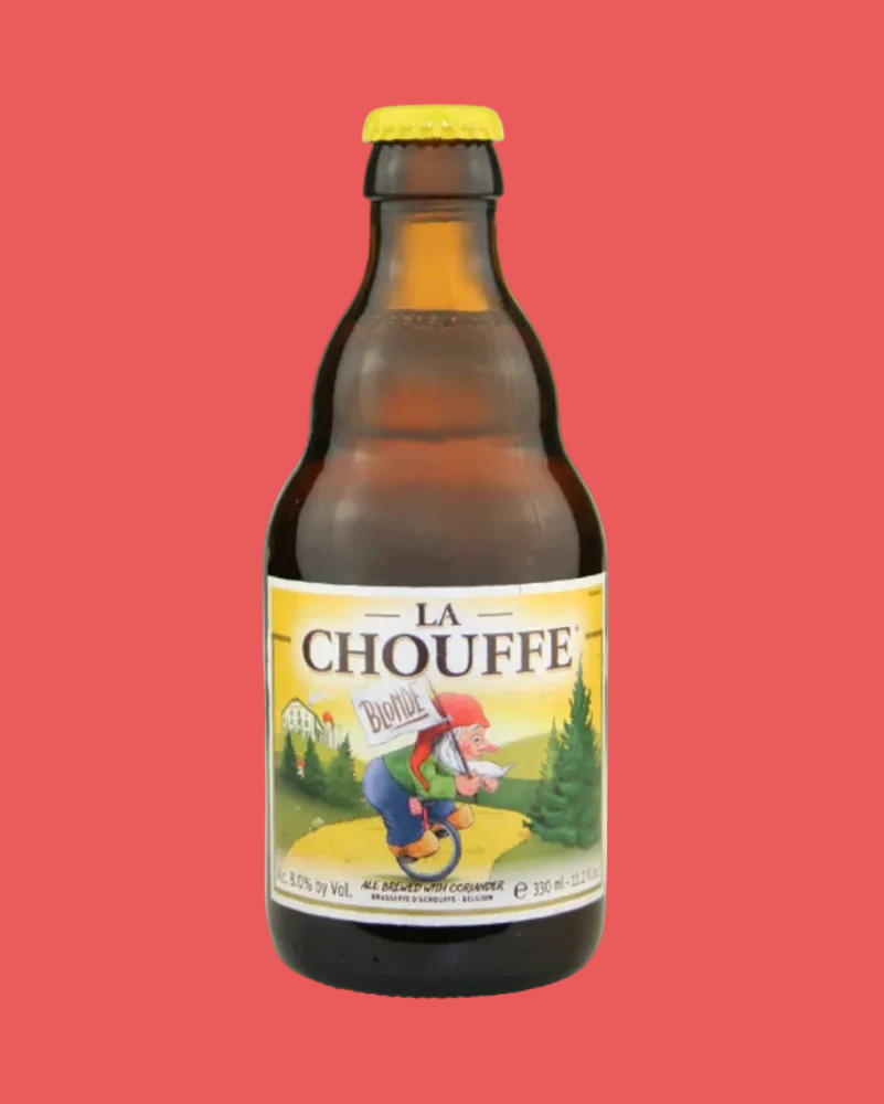 La Chouffe beer bottle with label on a white background