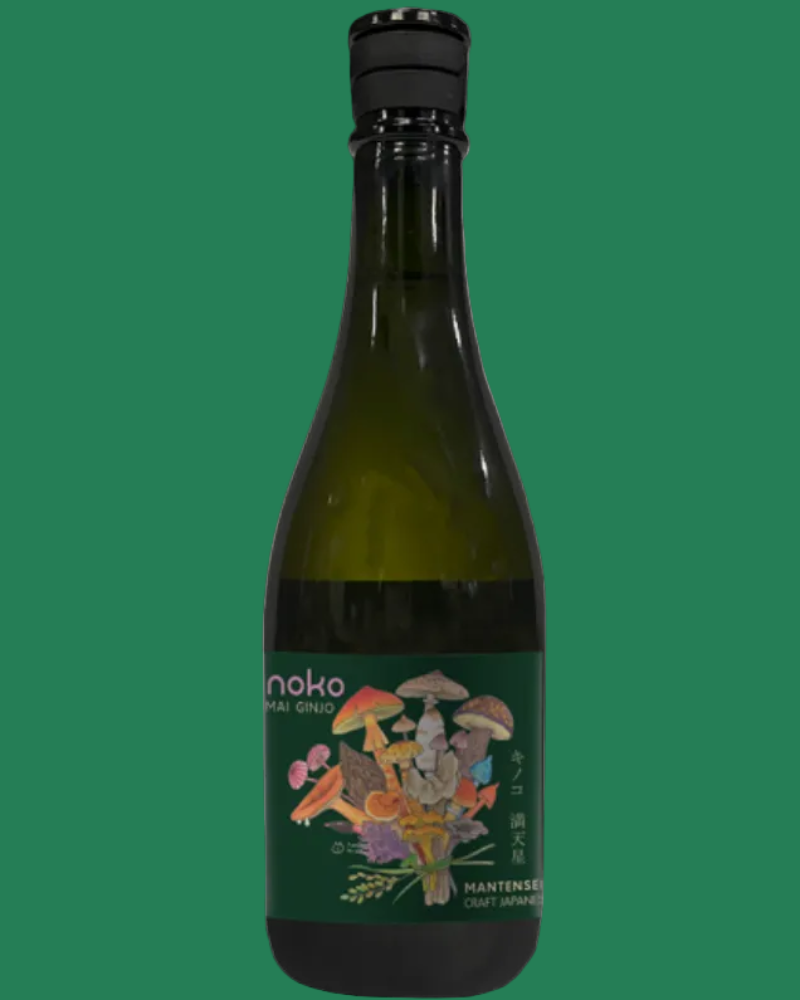 Green bottle with a colorful label featuring mushrooms on a white background