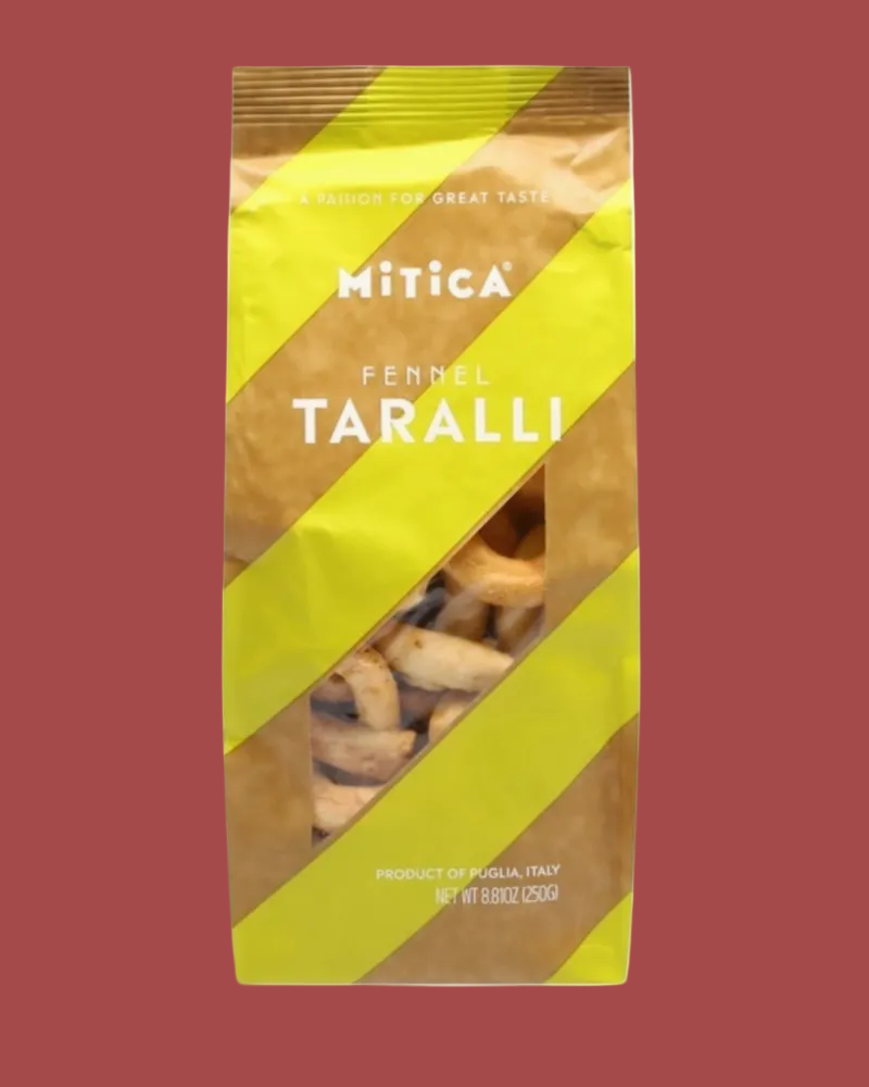 Packaged fennel taralli with Mitica branding on a white background