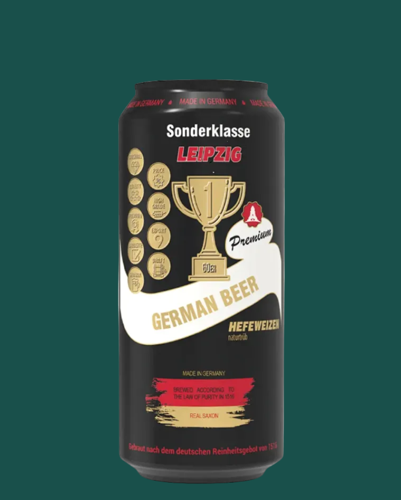 Sonderklasse Leipzig German beer can on a white background