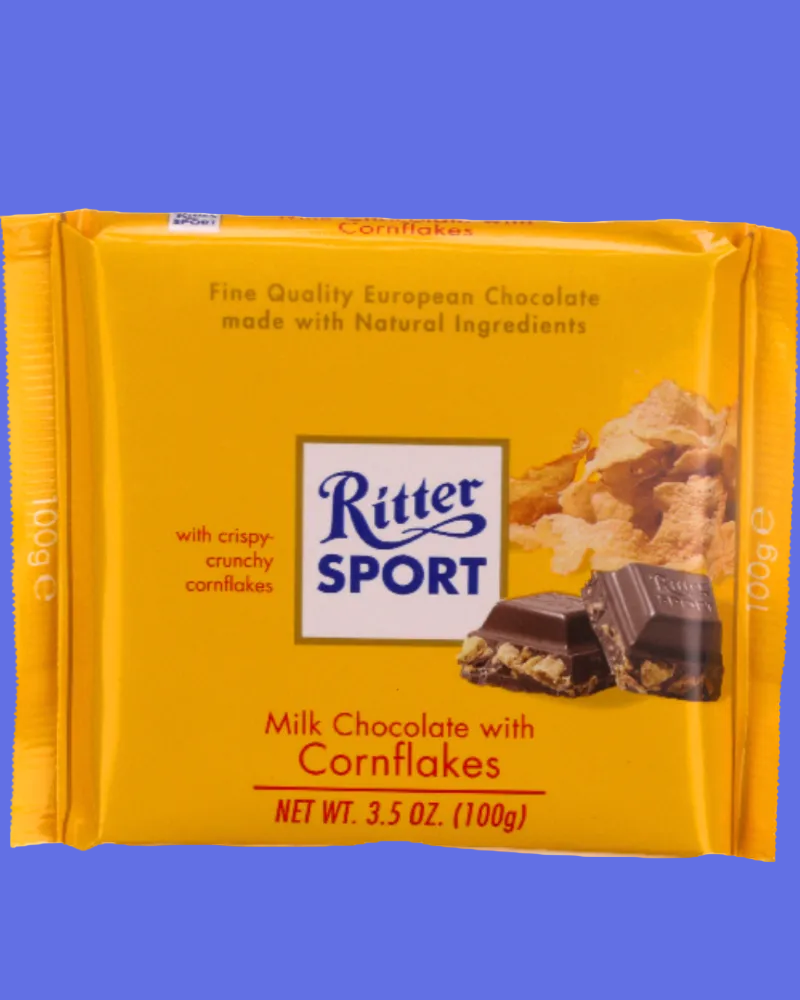 Ritter Sport milk chocolate with cornflakes packaging on a white background
