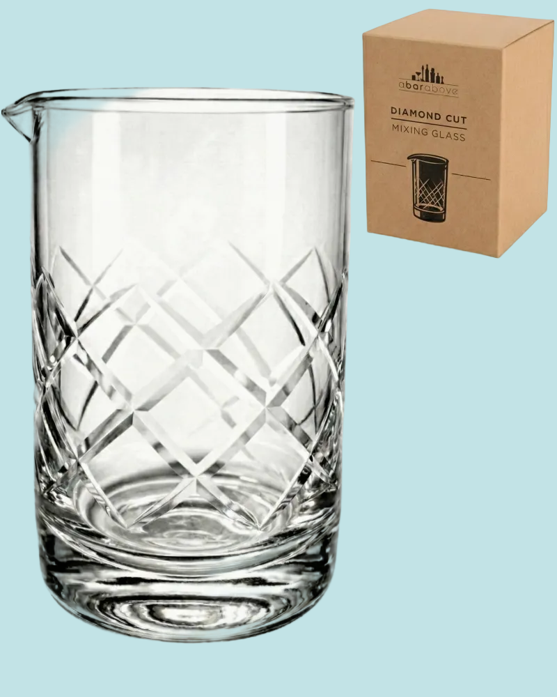Clear diamond cut mixing glass with a cardboard box labeled 'Diamond Cut Mixing Glass' on a light blue background.