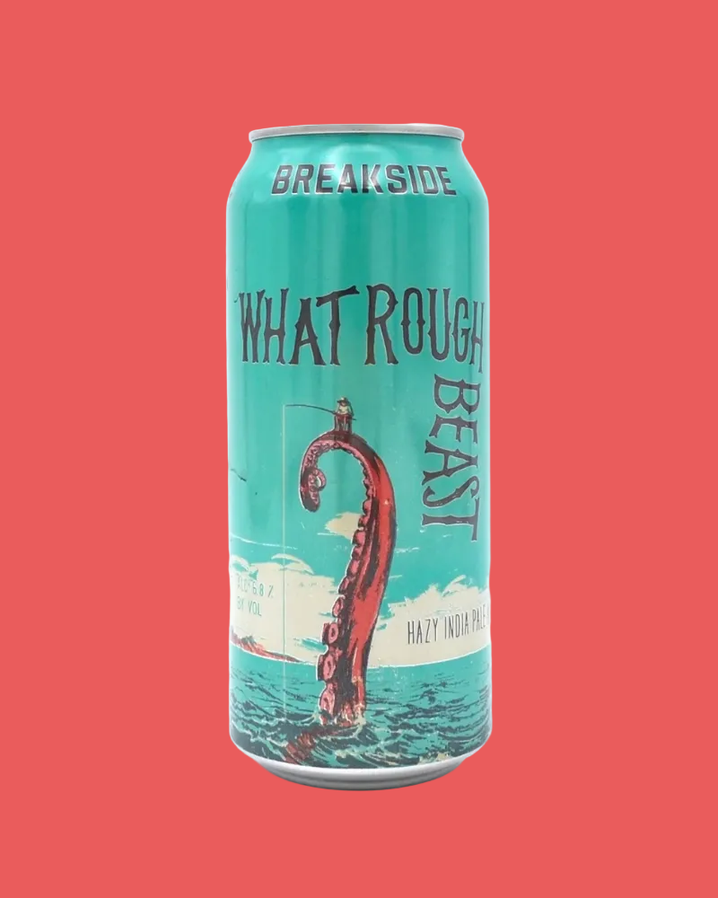 Beer can labeled 'What Rough Beast' by Breakside on a red background