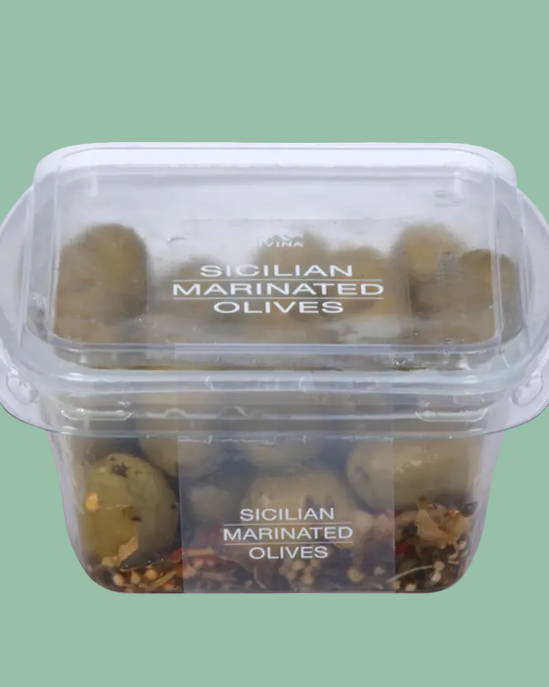 Container of Sicilian Marinated Olives on a white background