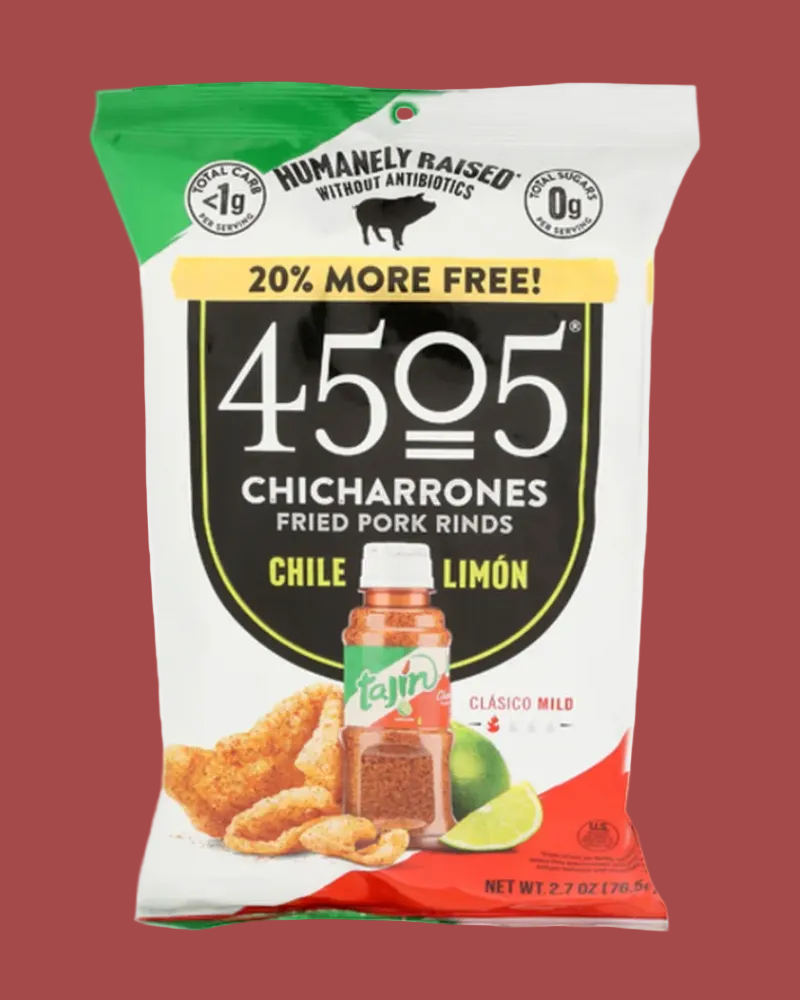 Packaging of 4505 Chicharrones Fried Pork Rinds with Chile Limón flavor on a white background