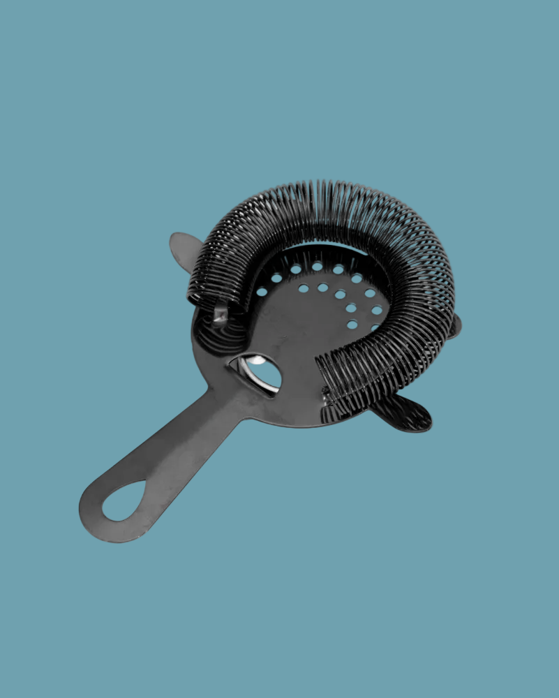 Black cocktail strainer on a white background