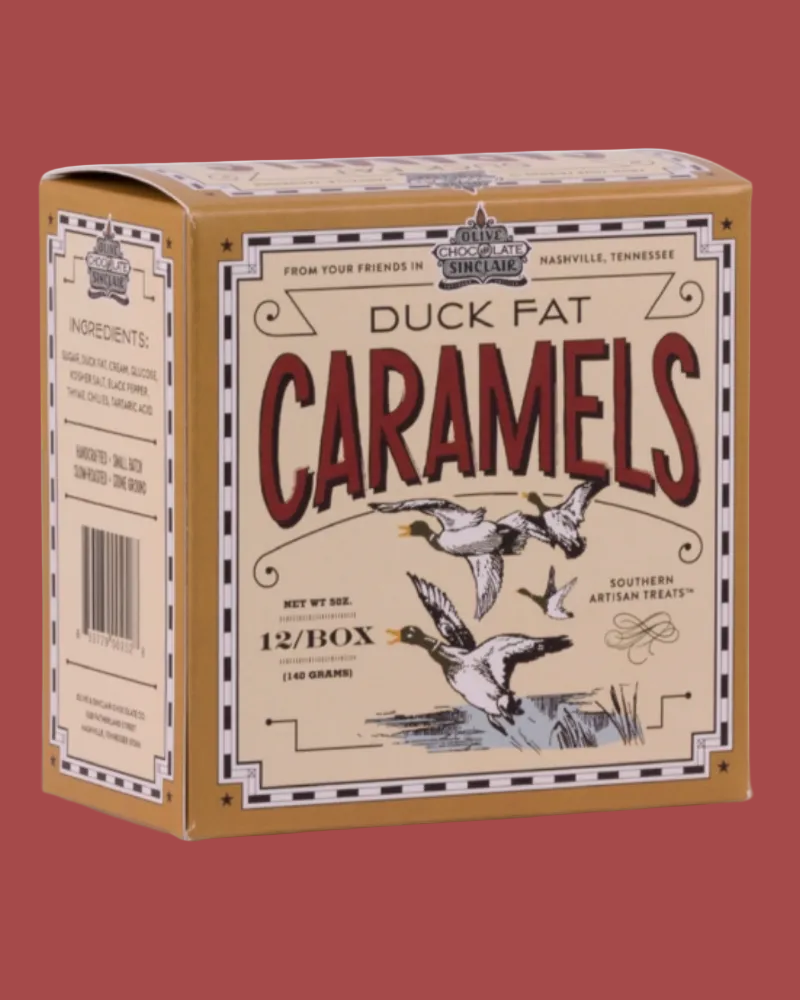 Box of Duck Fat Caramels with a red background