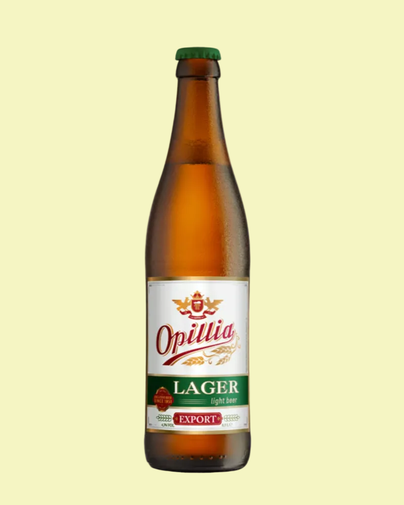 Opillia Lager beer bottle on a light yellow background