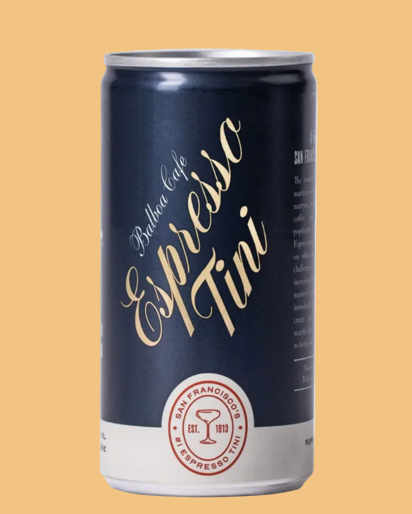 Dark blue can with 'Espresso Esfini' branding on a white background