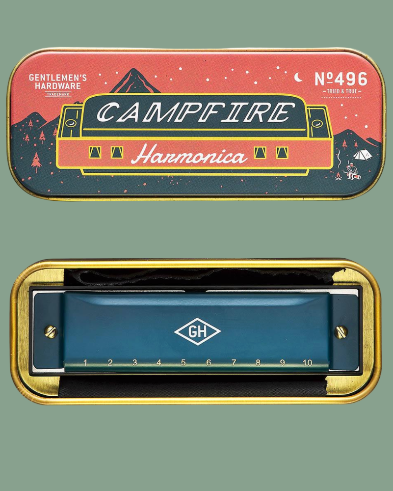 Campfire harmonica with its packaging on a white background